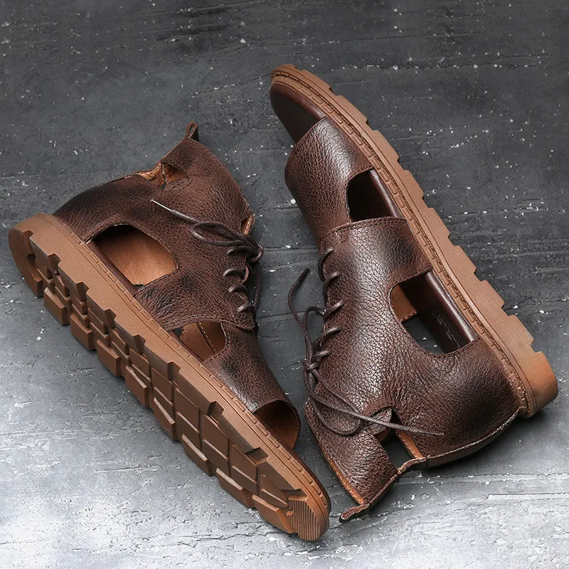 Men High Top Leather Sandals Brown 