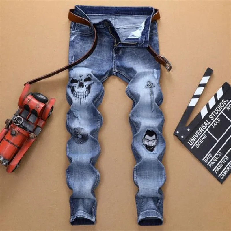 Men's Hip Hop Skull Embroidered Mid-Waist Stretch Full-Length Skinny Jeans