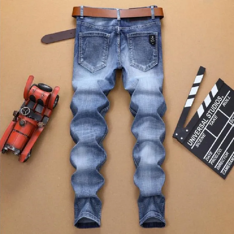 Men's Hip Hop Skull Embroidered Mid-Waist Stretch Full-Length Skinny Jeans