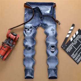 Men's Hip Hop Skull Embroidered Mid-Waist Stretch Full-Length Skinny Jeans