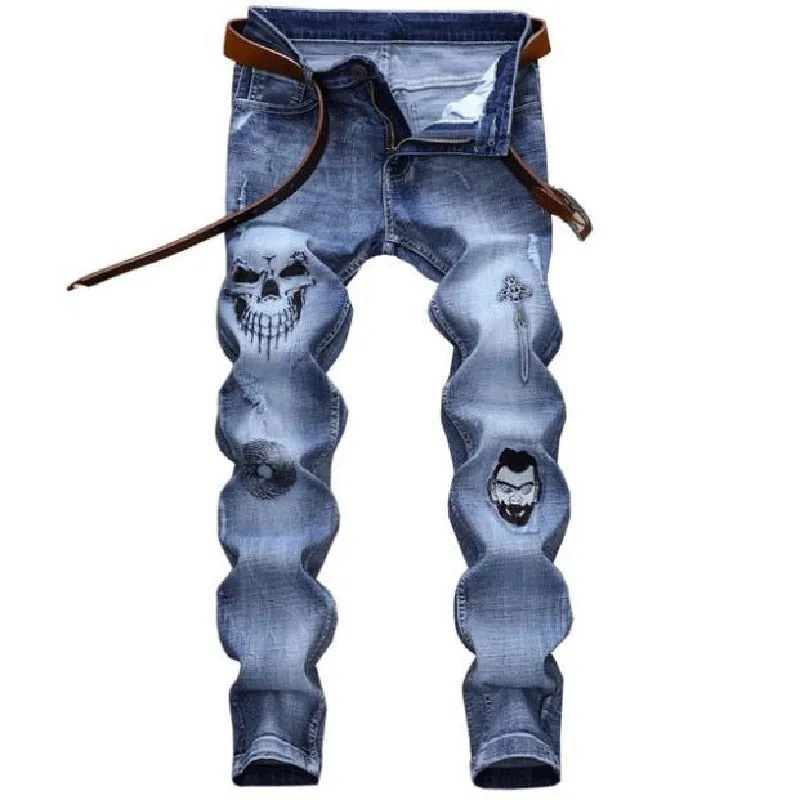 Men's Hip Hop Skull Embroidered Mid-Waist Stretch Full-Length Skinny Jeans