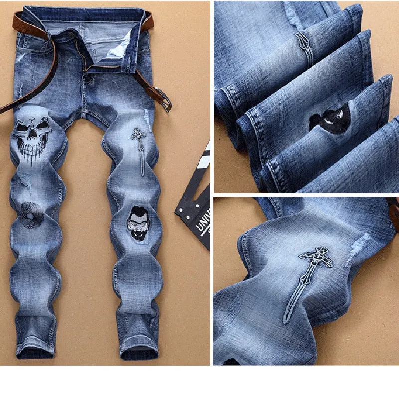 Men's Hip Hop Skull Embroidered Mid-Waist Stretch Full-Length Skinny Jeans