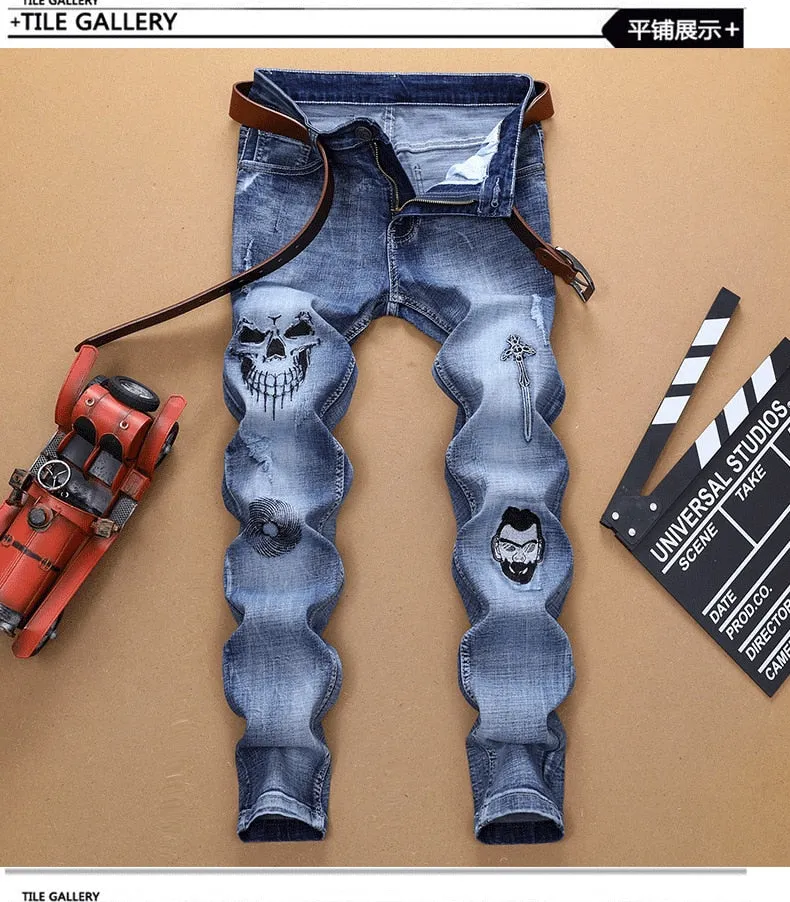 Men's Hip Hop Skull Embroidered Mid-Waist Stretch Full-Length Skinny Jeans