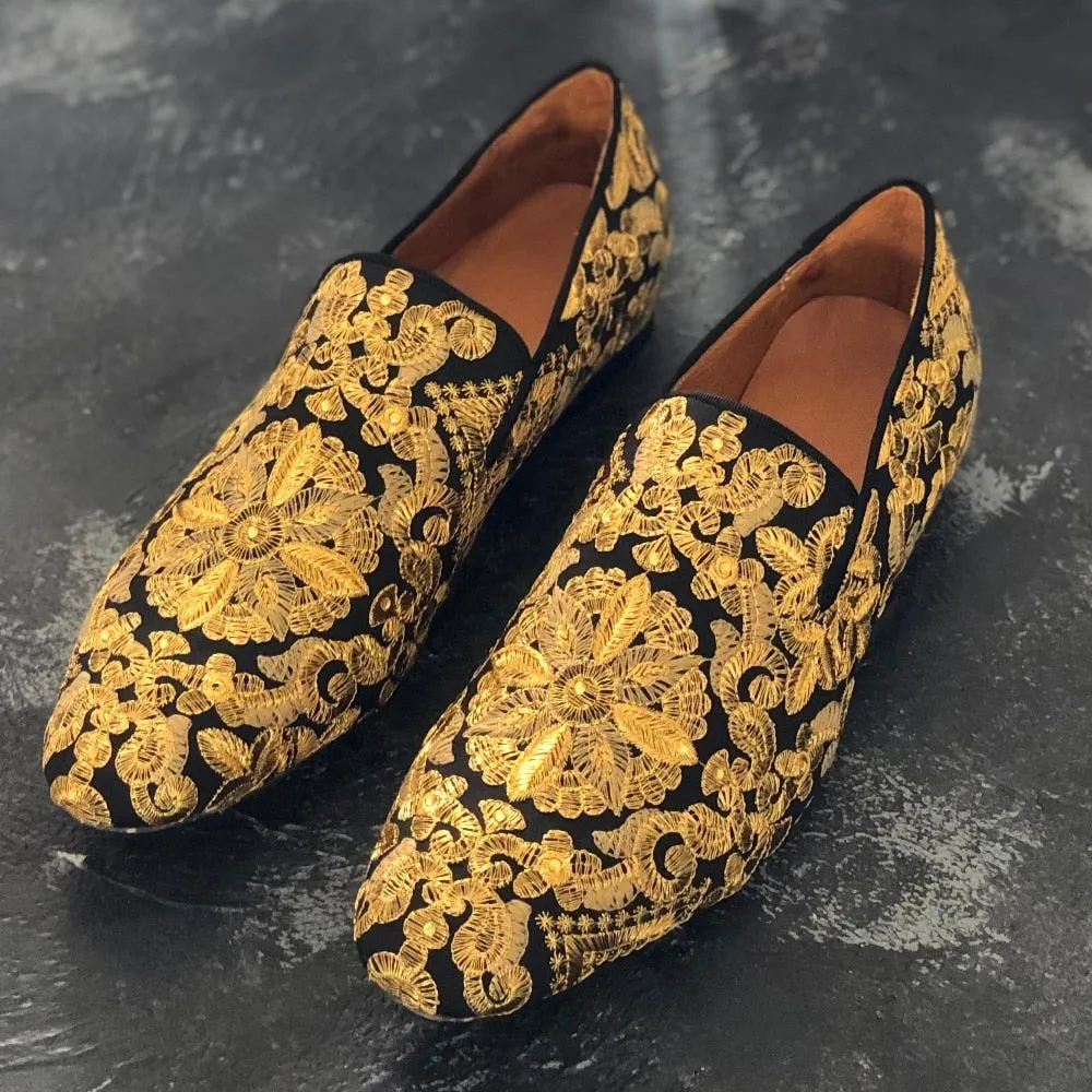 Men's Luxurious Fashion Gold Thread Embroidered Nightclub Party Loafers