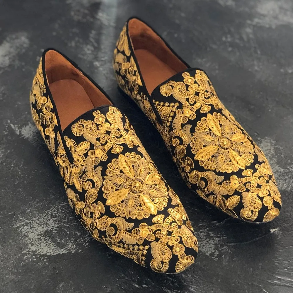 Men's Luxurious Fashion Gold Thread Embroidered Nightclub Party Loafers