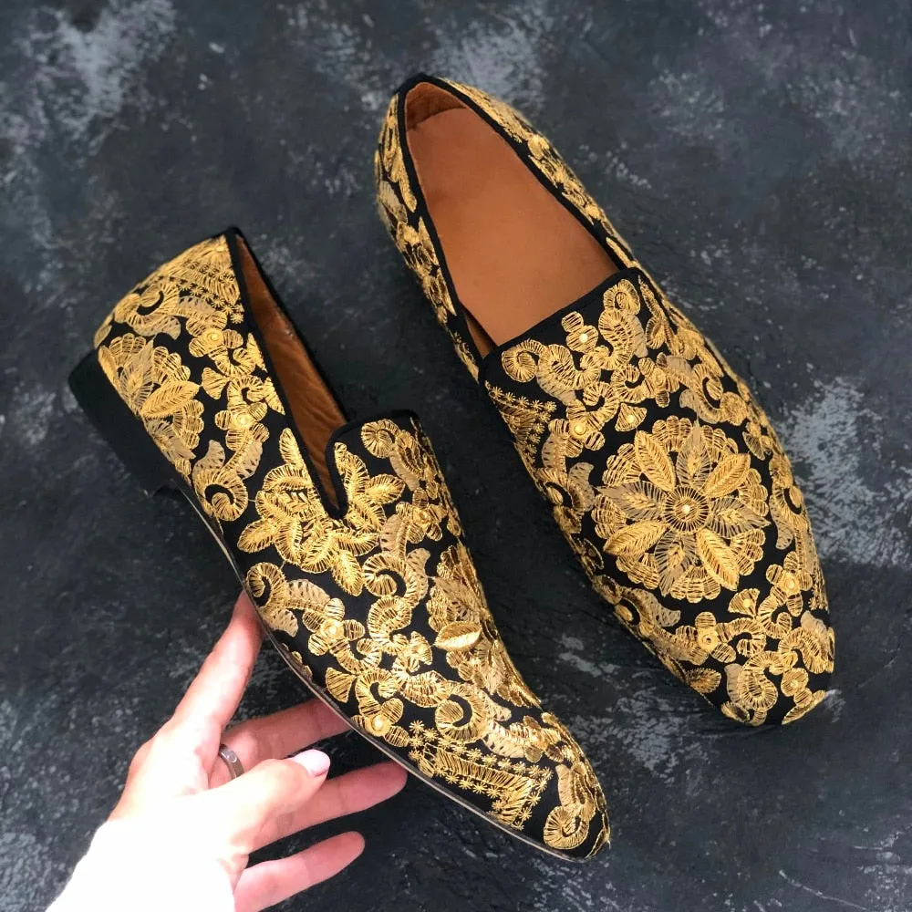 Men's Luxurious Fashion Gold Thread Embroidered Nightclub Party Loafers