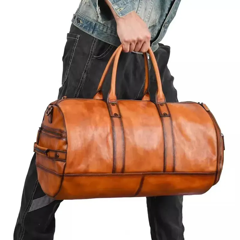 Men's Vintage Cowhide Leather Single Shoulder High Capacity Travel Bag