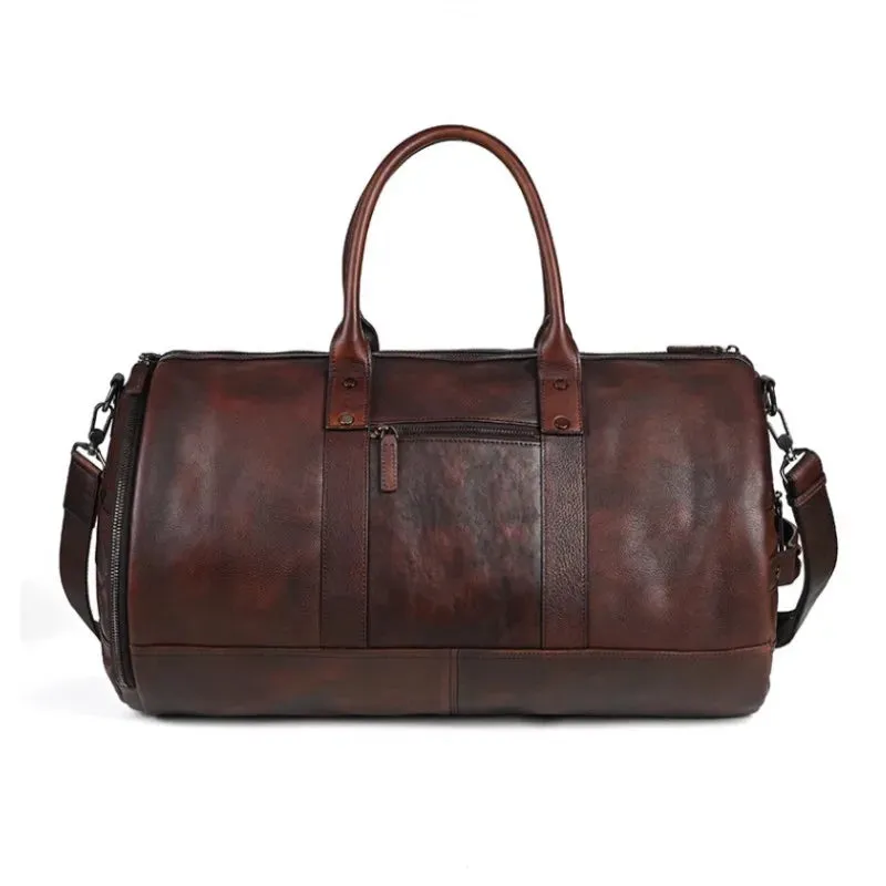 Men's Vintage Cowhide Leather Single Shoulder High Capacity Travel Bag