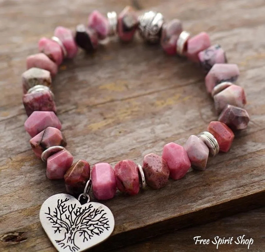 Natural Rhodonite Tree of Life & Heart Bead Bracelet