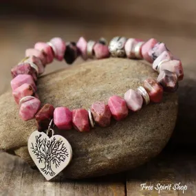 Natural Rhodonite Tree of Life & Heart Bead Bracelet