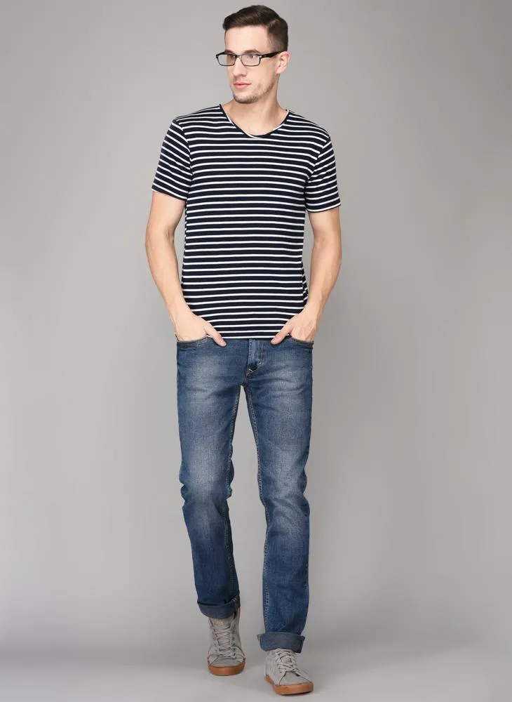 Navy & White Striped Round Neck T-shirt