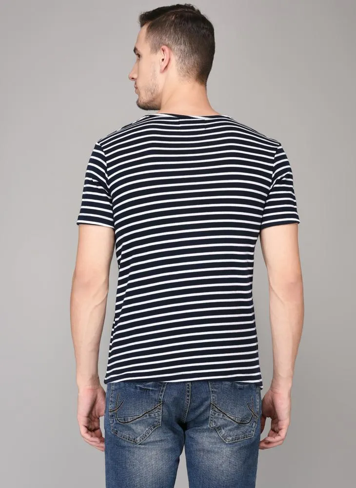 Navy & White Striped Round Neck T-shirt