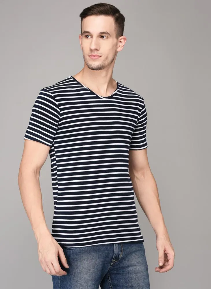 Navy & White Striped Round Neck T-shirt