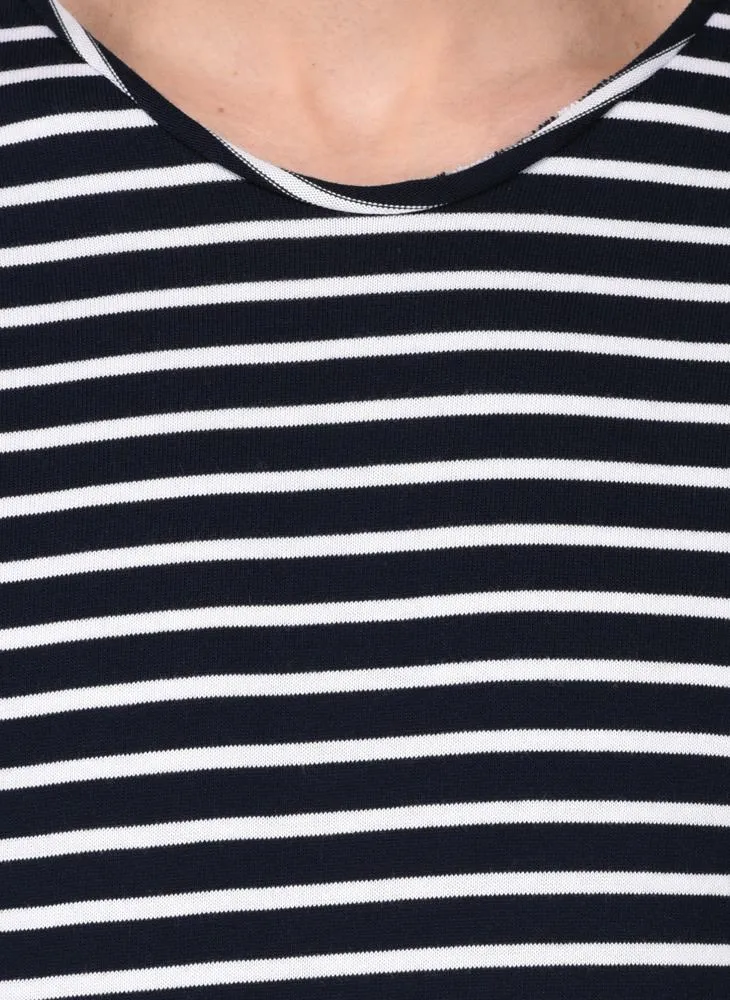 Navy & White Striped Round Neck T-shirt