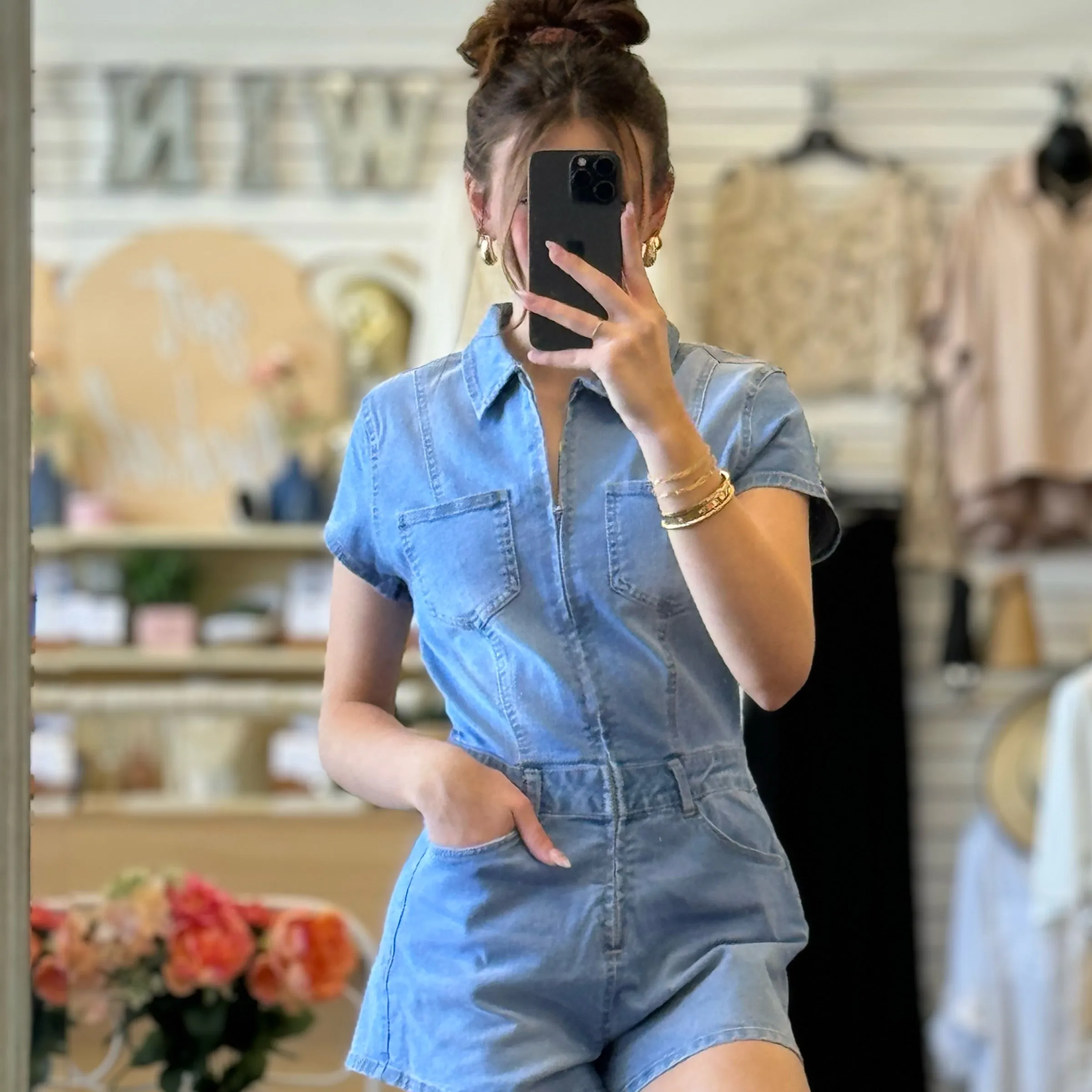 Perfectly Paried Denim Romper With Front Zip