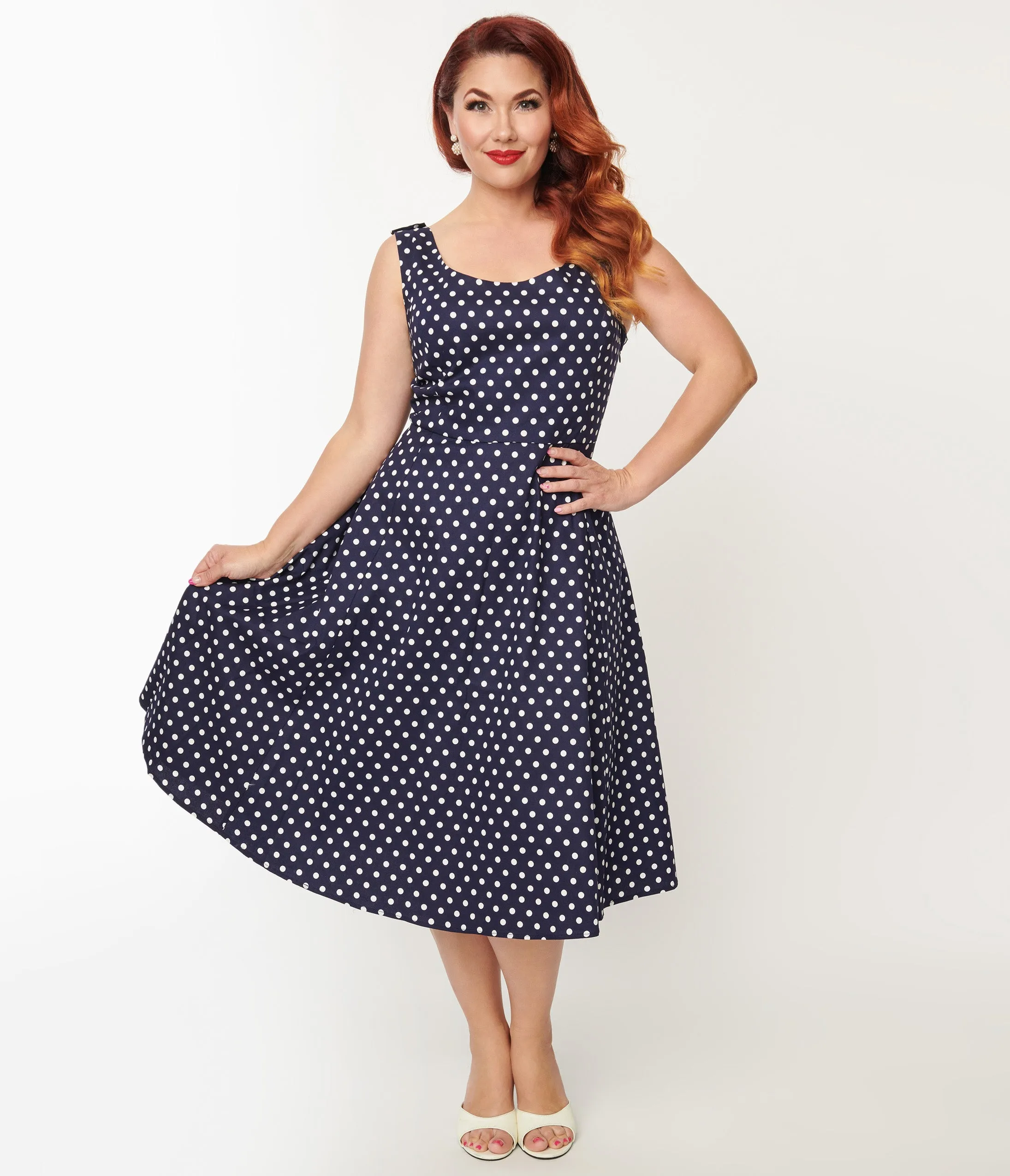 Plus Size Navy & White Polka Dot Swing Dress