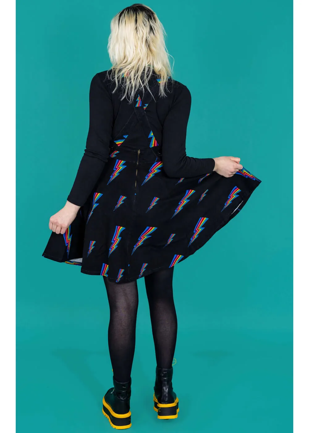 Run & Fly Lightening Bolt Pinafore 70's Swing Dress Black