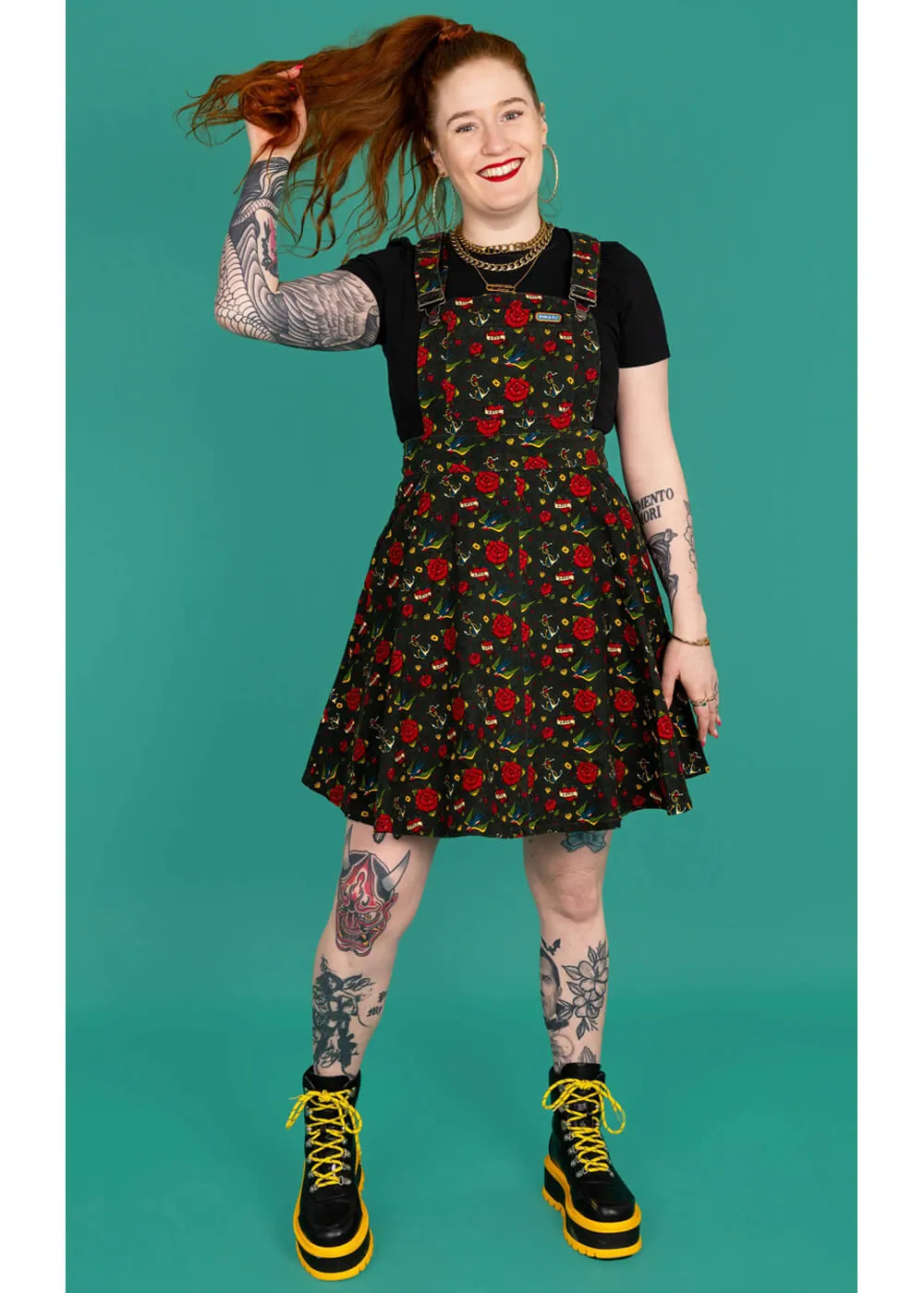 Run & Fly Retro Tattoo Pinafore 70's Swing Dress Black