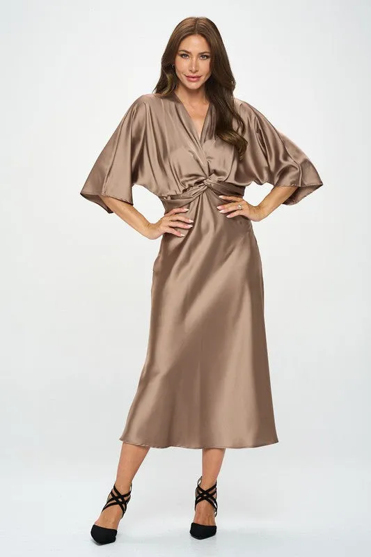 Satin Stretch Solid Dress with Front Twist