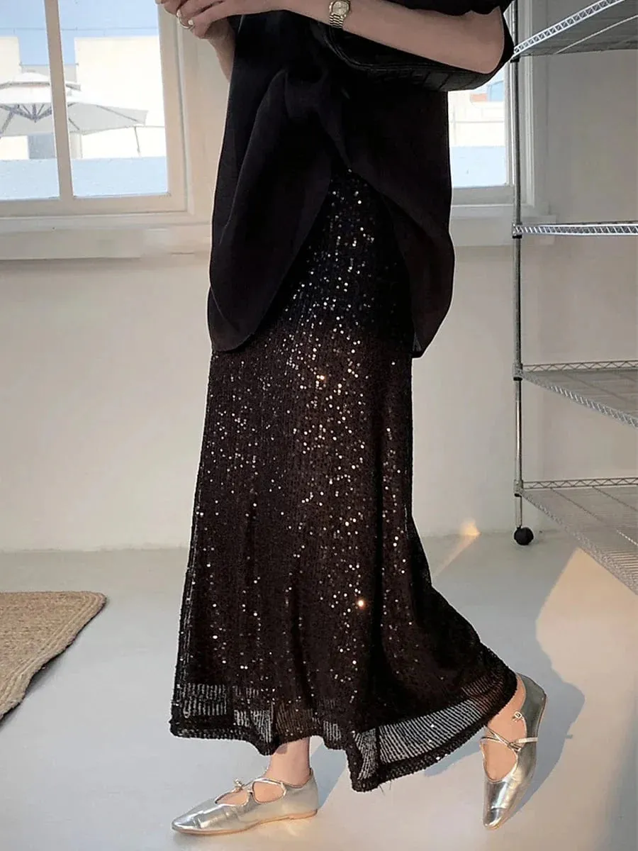 Shimmering Sequin Maxi Skirt for Women - Black Apricot High Waist Elegant Party Wear in S M Sizes