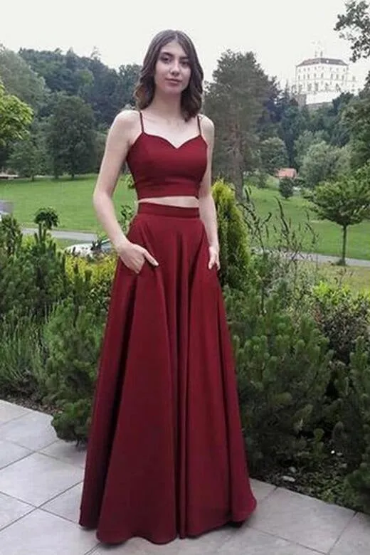 Simple Burgundy Two Piece Spaghetti Straps Long Prom Dress with Pockets