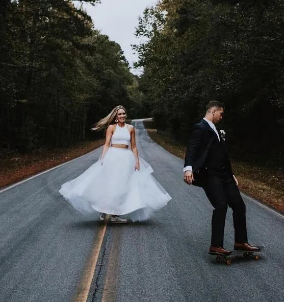 Simple Casual Halter Crop Top Long Wedding Dress with Tulle Skirt