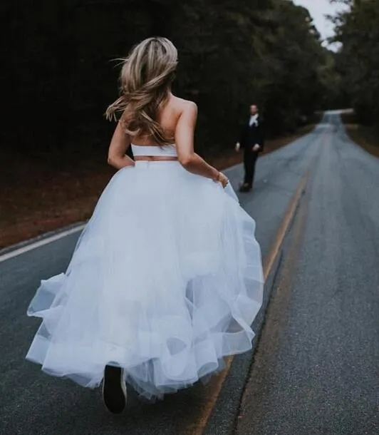 Simple Casual Halter Crop Top Long Wedding Dress with Tulle Skirt