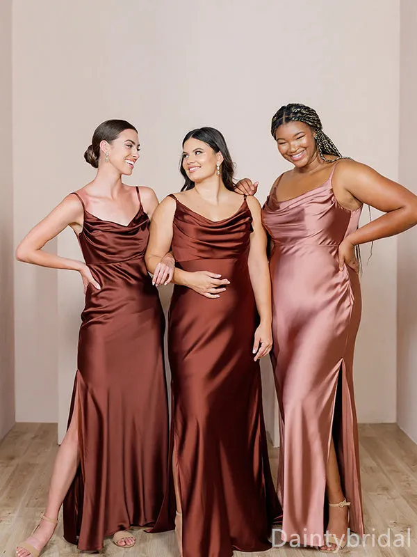 Simple Classic Spaghetti Straps Sheath Satin Bridesmaid Dresses with Side Slit, BG308