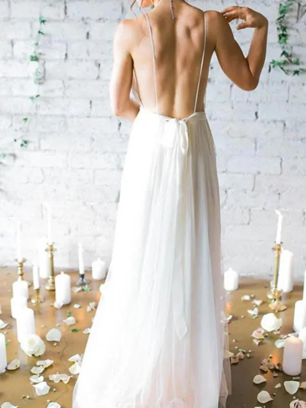 Simple Deep V-neck Sweep Train Ivory Wedding Dress with Straps, WD0452