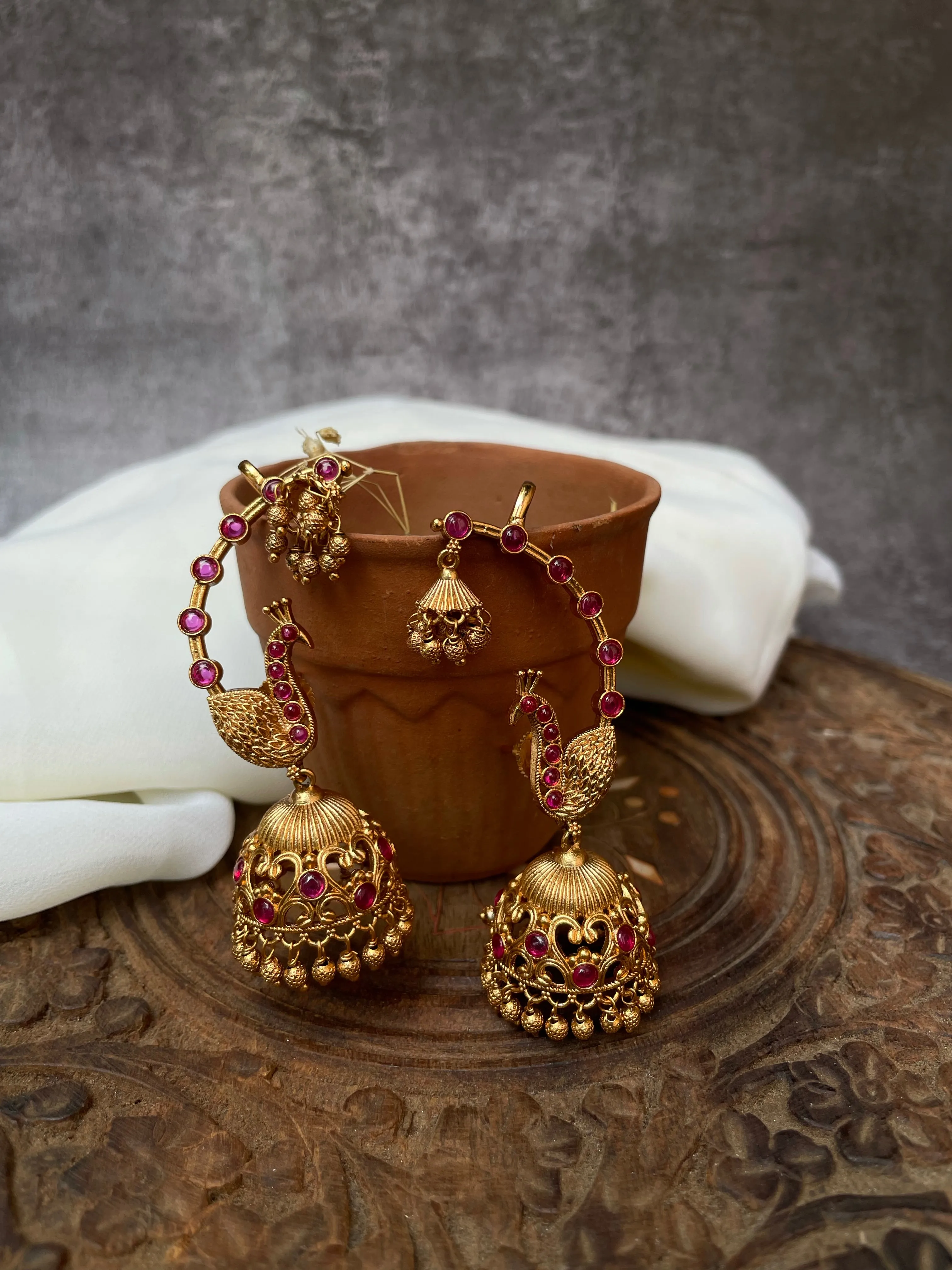 Simple ruby peacock jhumkas with ear cuff