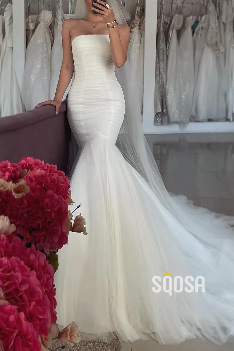 Simple Trumpet Strapless Ruched With Tulle Train Beach Wedding Dress QW8151