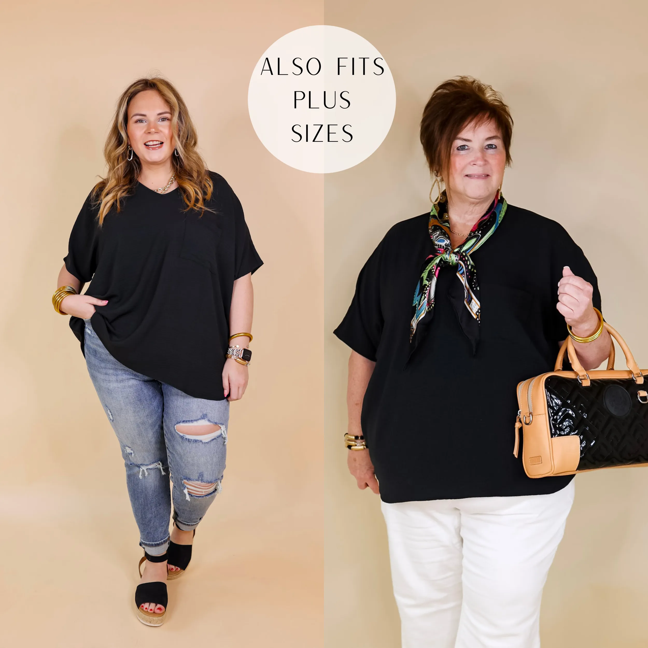 Try To Resist Short Sleeve V Neck Top with Front Pocket in Black