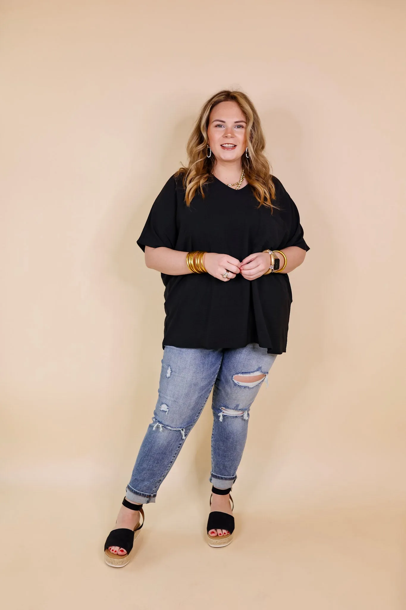 Try To Resist Short Sleeve V Neck Top with Front Pocket in Black