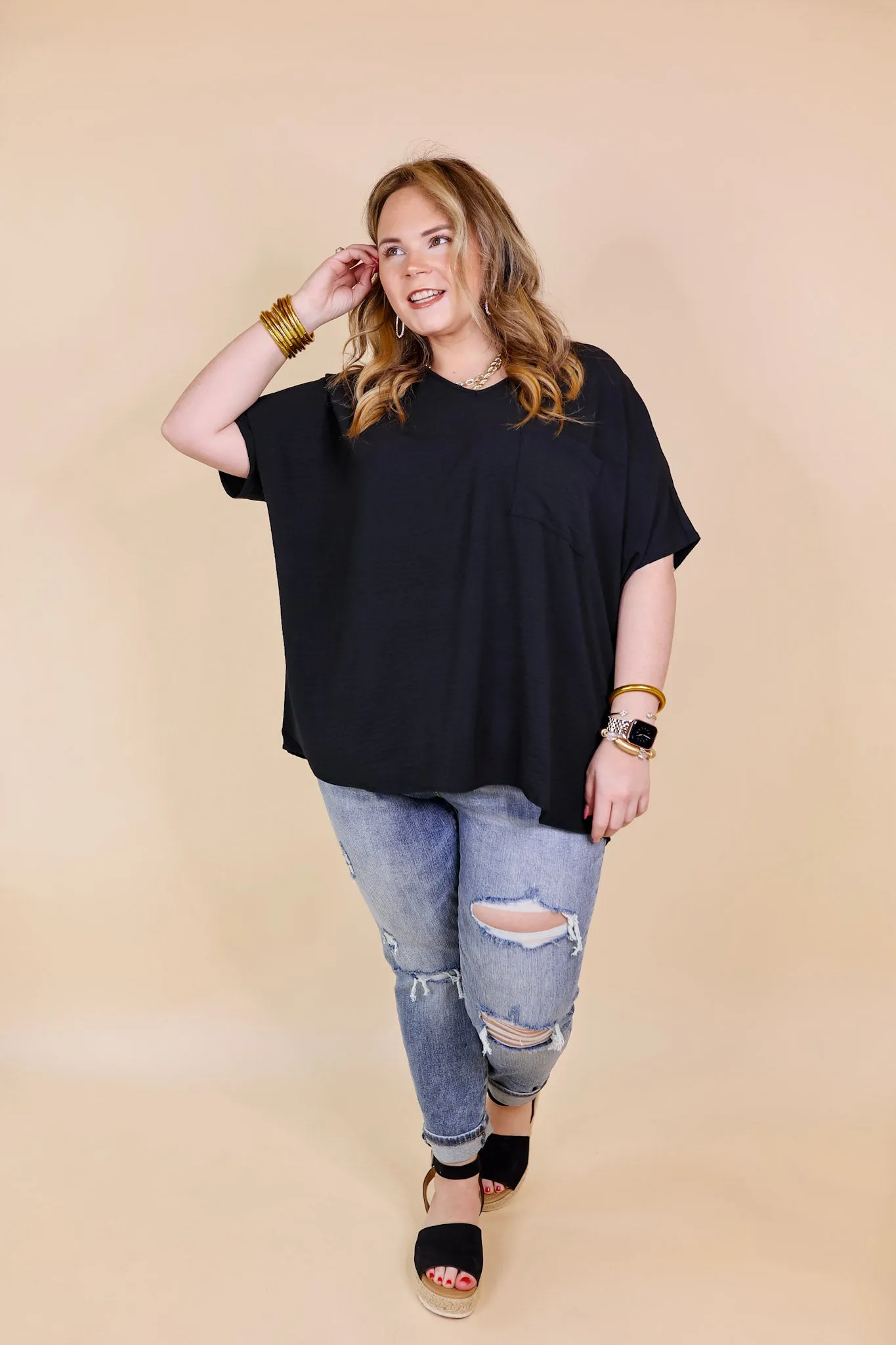 Try To Resist Short Sleeve V Neck Top with Front Pocket in Black