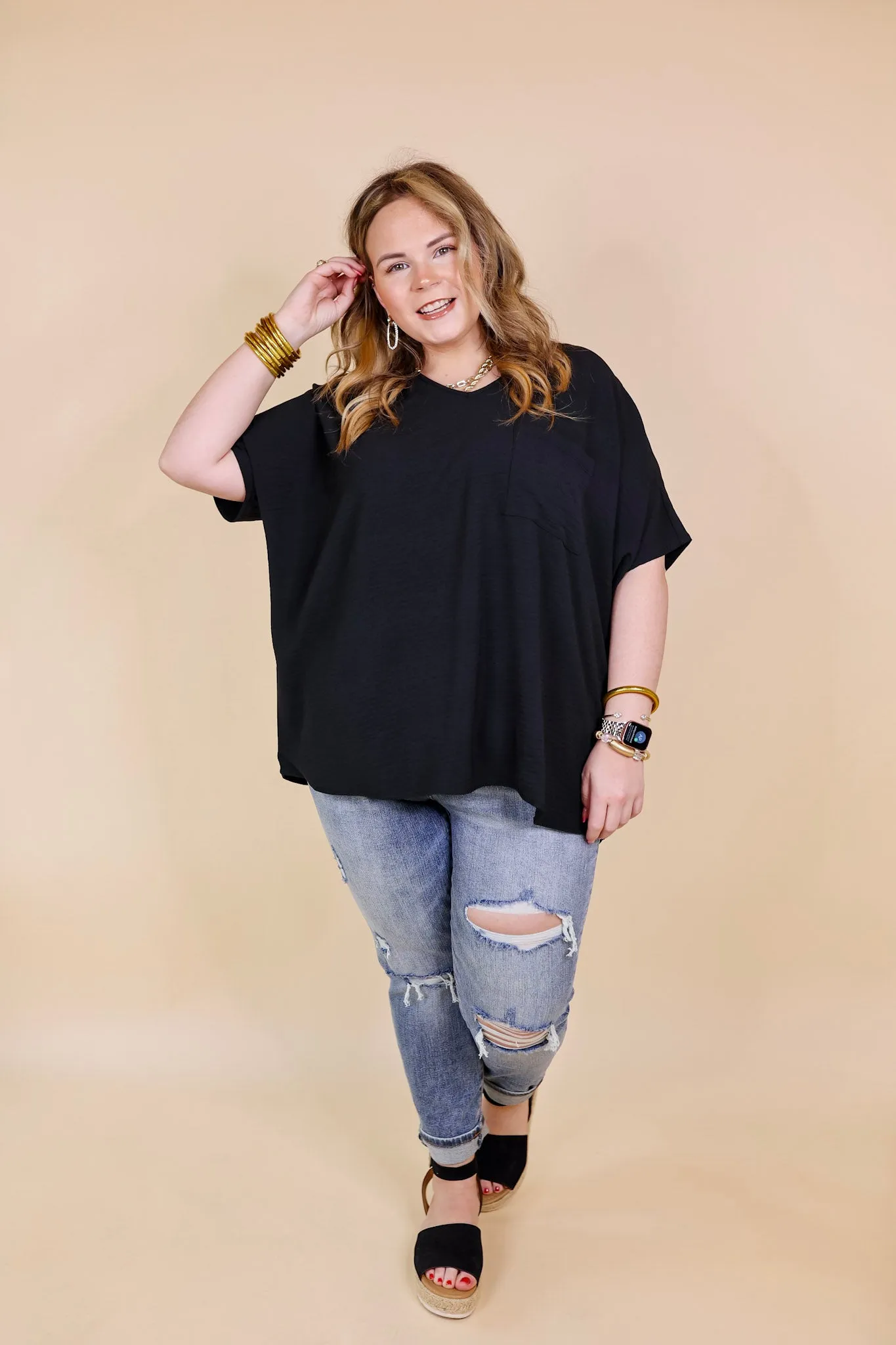 Try To Resist Short Sleeve V Neck Top with Front Pocket in Black