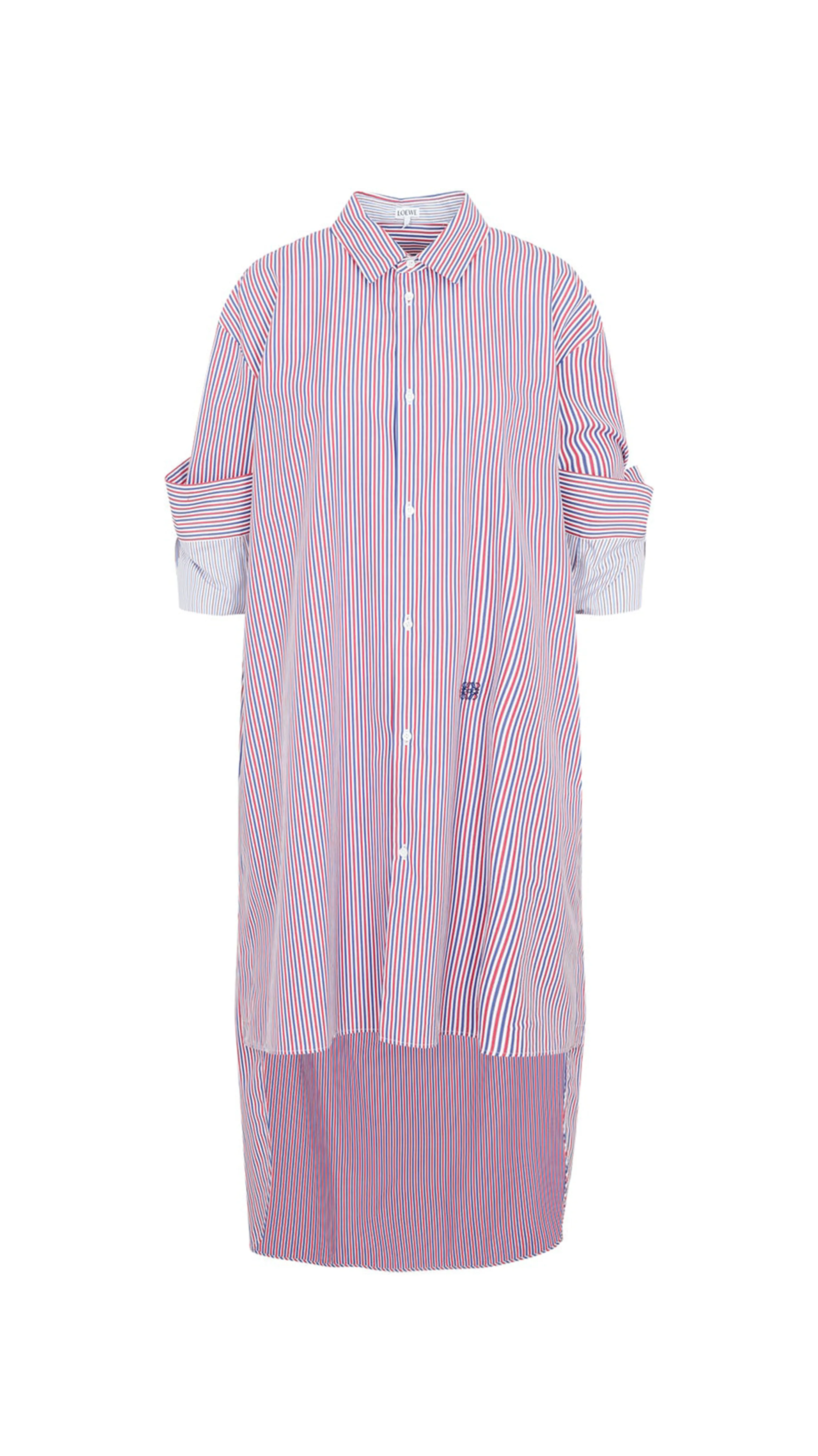 Turn-up Shirt Dress in Striped Cotton - Blue/Red/White