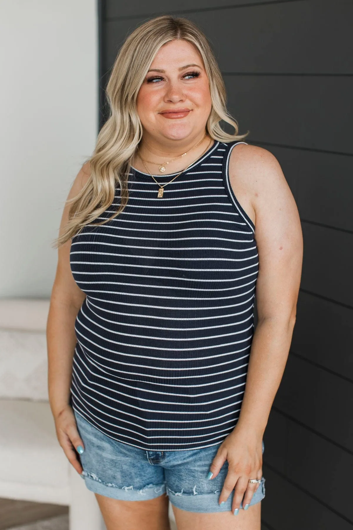 Uneventful Nights Striped Tank Top- Navy