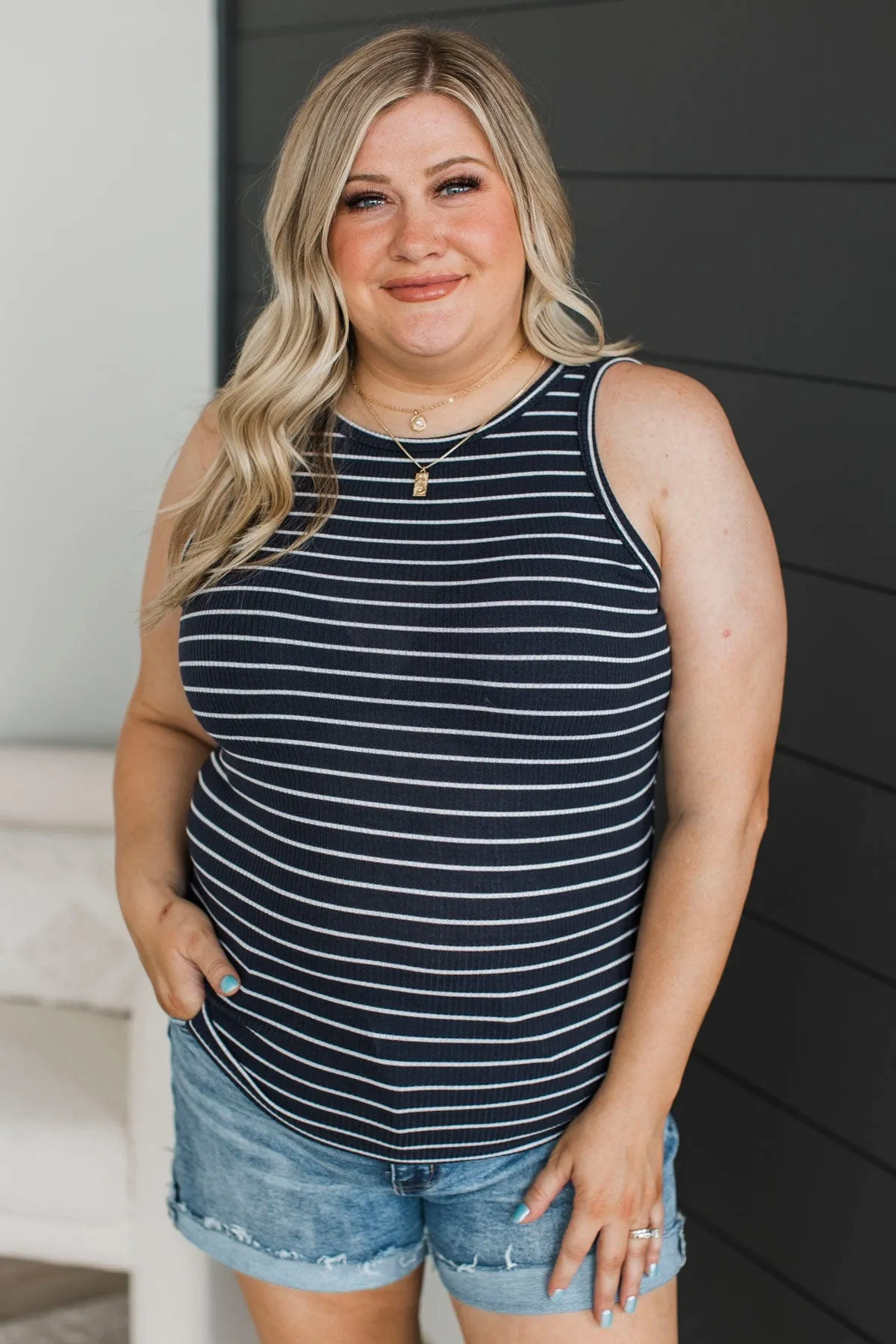 Uneventful Nights Striped Tank Top- Navy