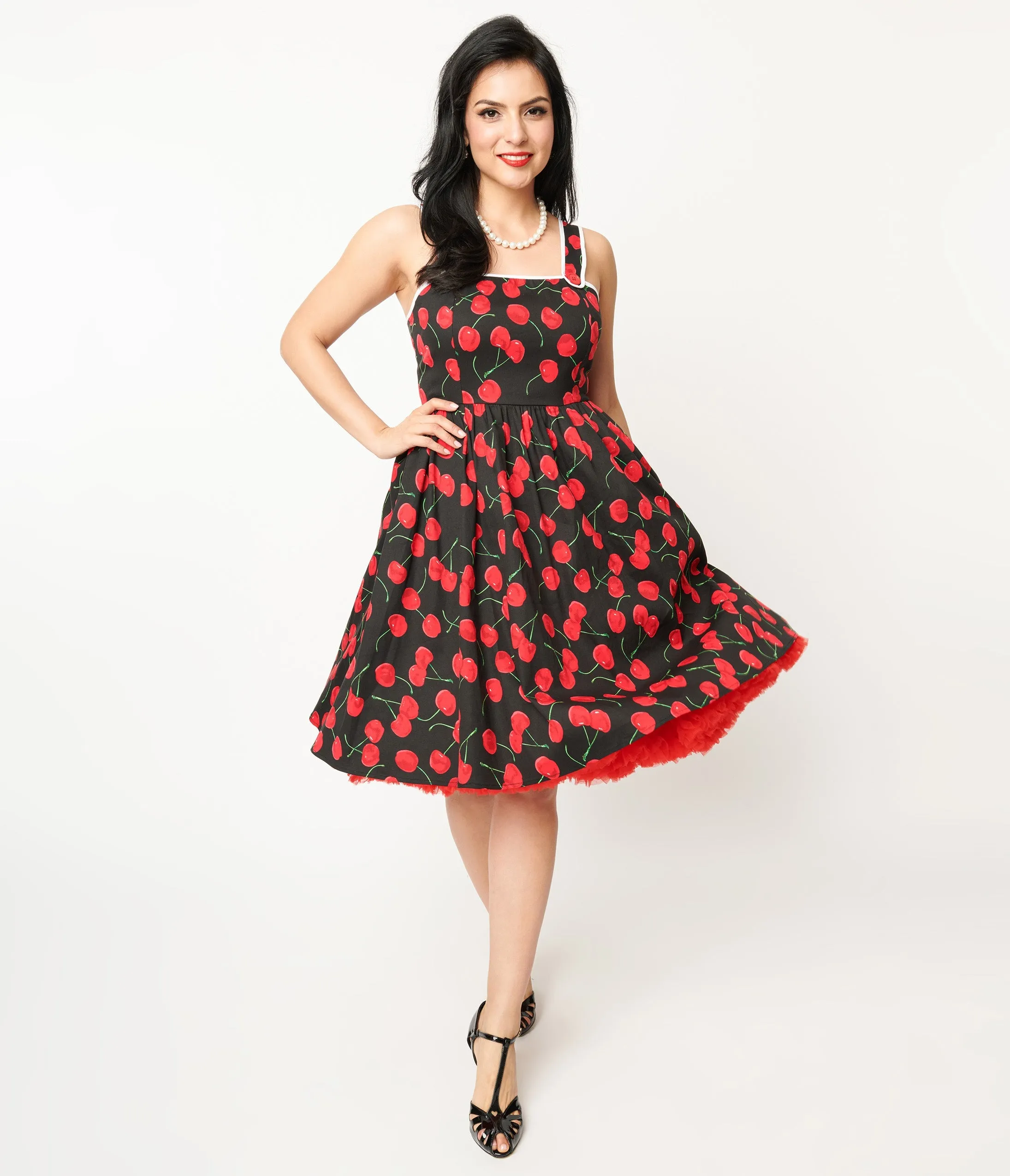 Unique Vintage 1950s Black & Cherry Print Cotton Pinafore Swing Dress