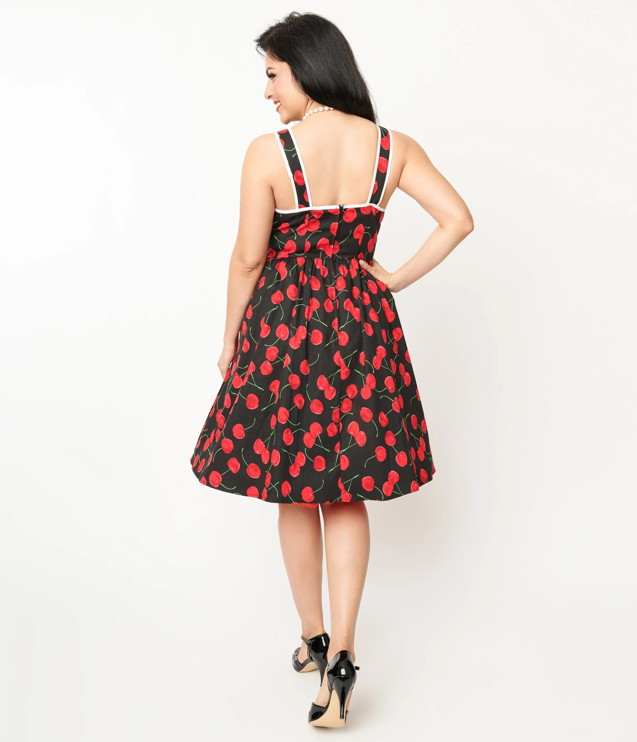 Unique Vintage 1950s Black & Cherry Print Cotton Pinafore Swing Dress