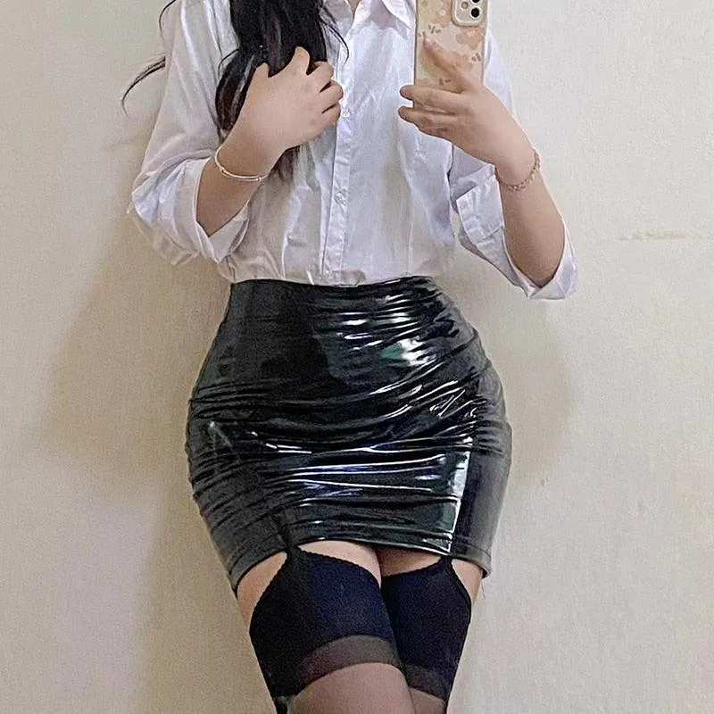 Unleash Your Gothic Side with our Glossy PU Leather Mini Skirt