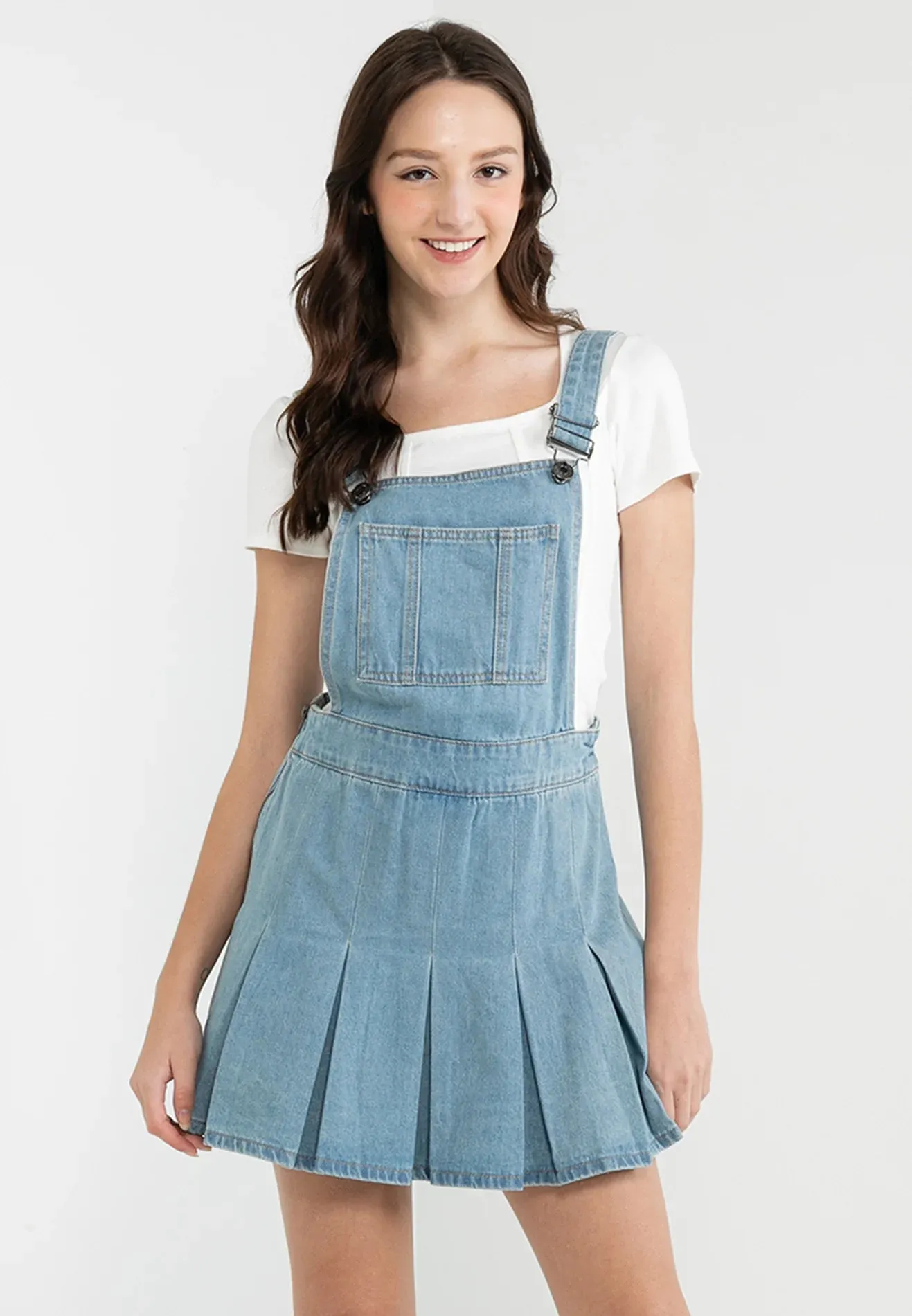 VOIR JEANS Denim Pinafore Pleated Dress