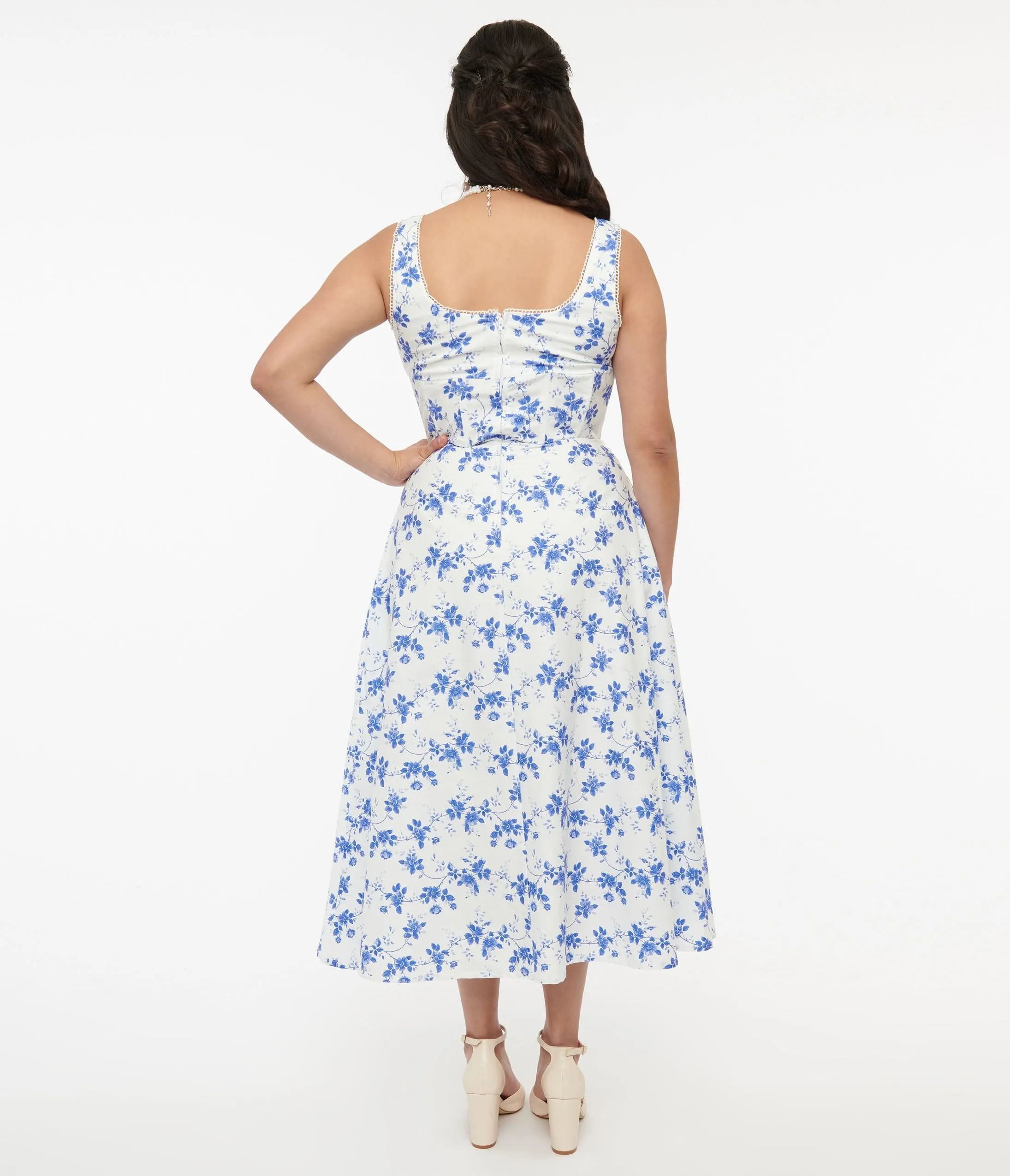 White & Blue Floral Cotton Midi Dress