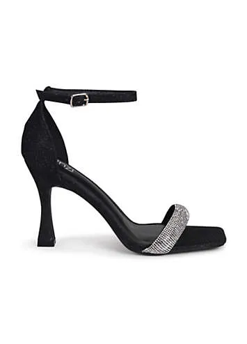 Yuna Black Glitter Heeled Sandals with Diamante Tube Front Strap by Linzi | Look Again