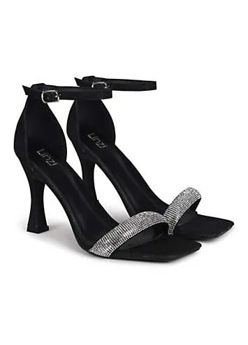 Yuna Black Glitter Heeled Sandals with Diamante Tube Front Strap by Linzi | Look Again