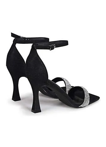 Yuna Black Glitter Heeled Sandals with Diamante Tube Front Strap by Linzi | Look Again