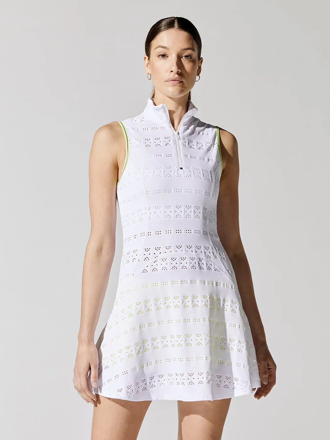 Zip Front Dress - White Pointelle Lace With Yellow Trim